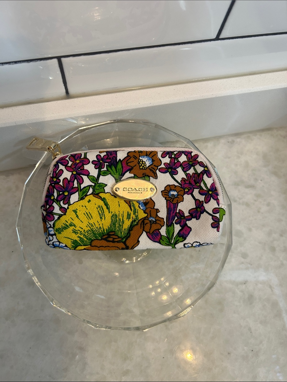 Coach Floral Canvas Cosmetic Pouch in White, Yellow & Purple